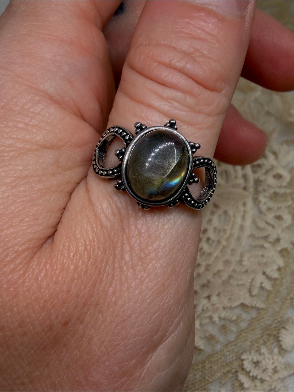 Genuine Rainbow Flash Labradorite Adjustable Stainless Steel Ring | Ethereal